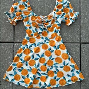 Orange Print Dress with Puff Sleeves